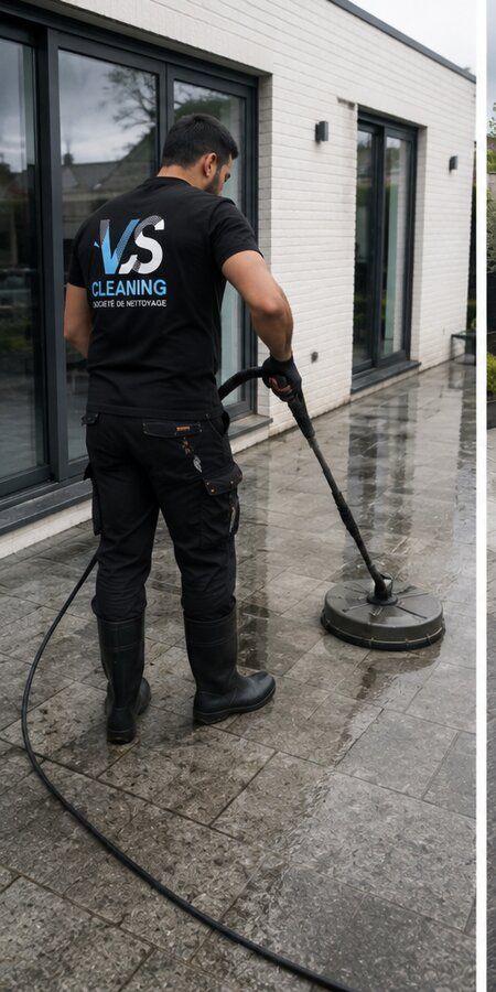 Nettoyage de dalles extérieures avec brosse rotative